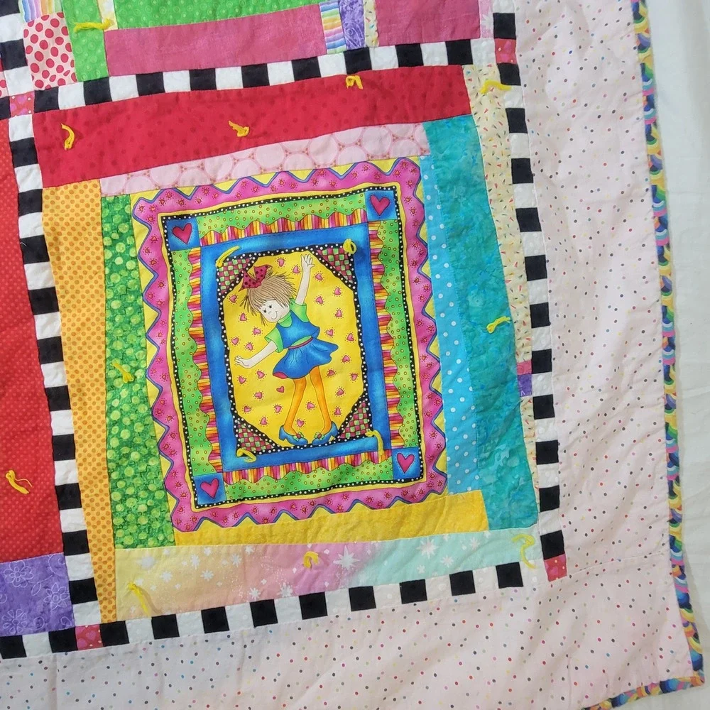 NeedleChasers Chevy Chase Handcrafted 39x42 Patchwork Quilt Rainbow Girl Cotton